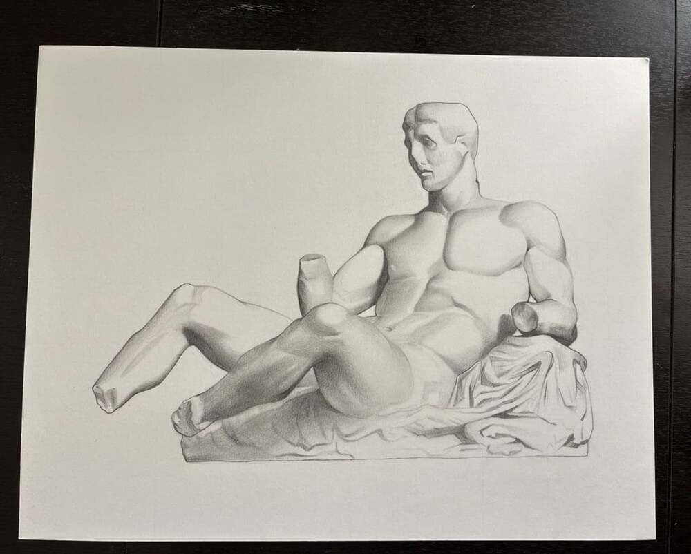 Original Graphite Academic Drawing of The Ilissos (River God) Statue from the Pa